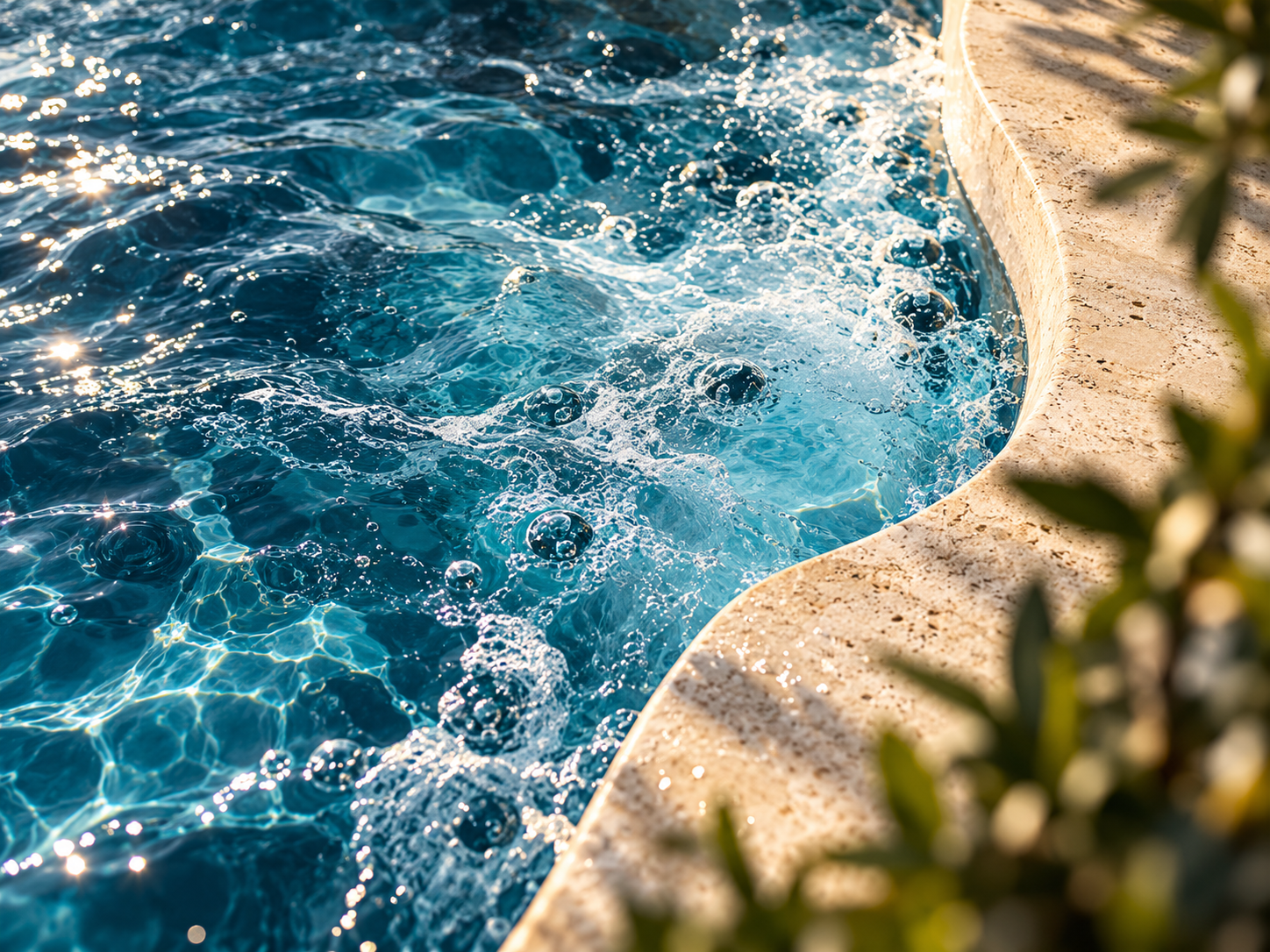 Türkisblaues Whirlpoolwasser mit geschwungenem Natursteinrand